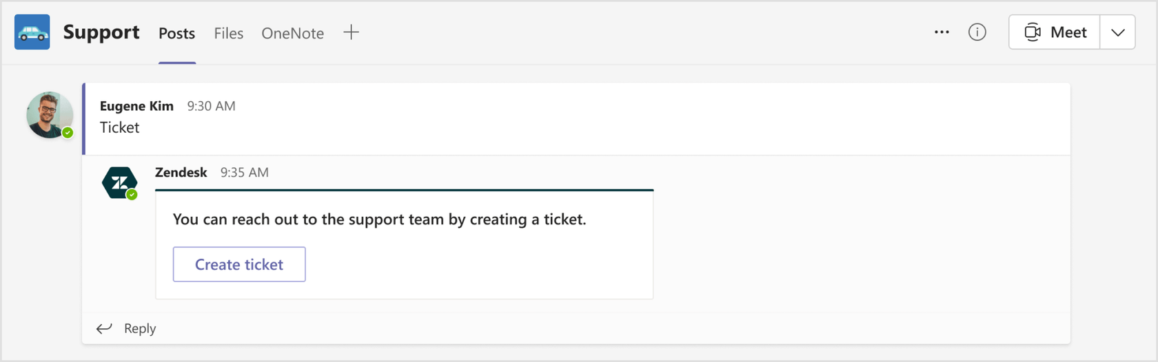 Microsoft Teams chat interface displaying a Zendesk bot's automated response, prompting the user to create a support ticket.