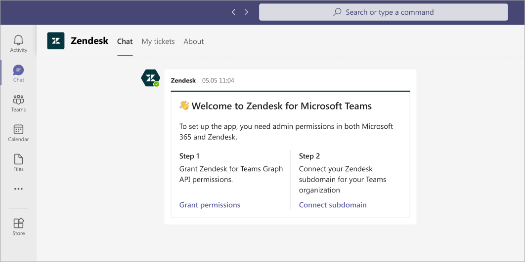Microsoft Teams displaying the Zendesk integration setup, prompting the user to grant Zendesk for Teams Graph API permissions.