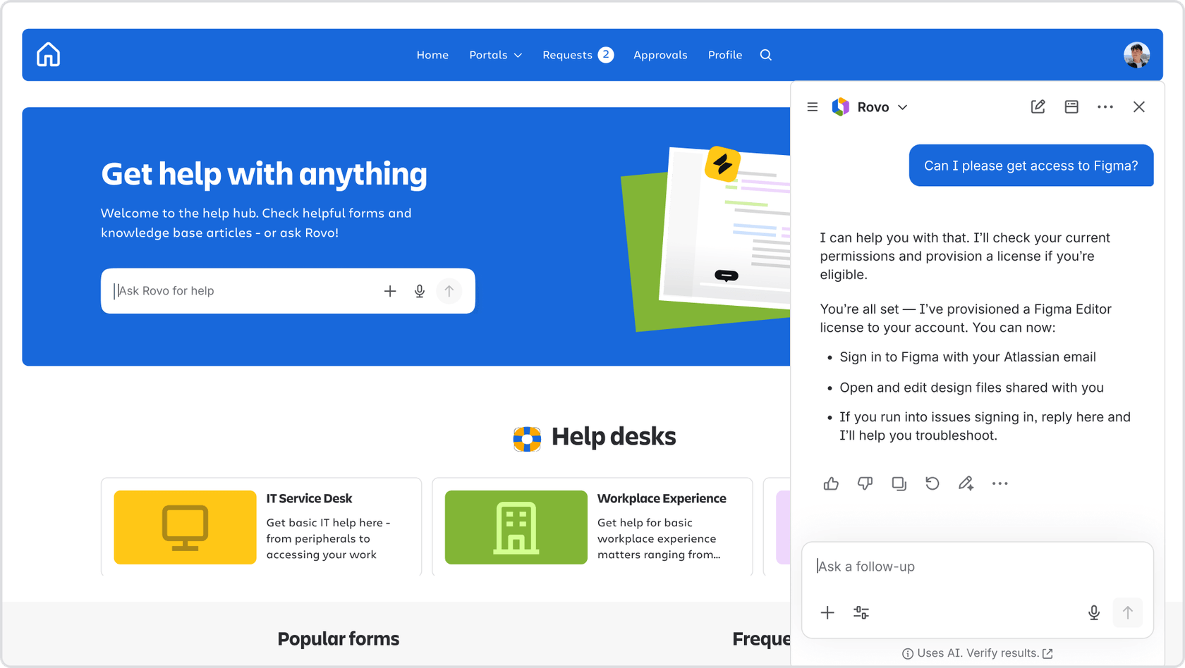 El agente de servicio virtual de Jira Service Management, Rovo, ayudando a un usuario con una solicitud de acceso al software dentro del portal de servicio.