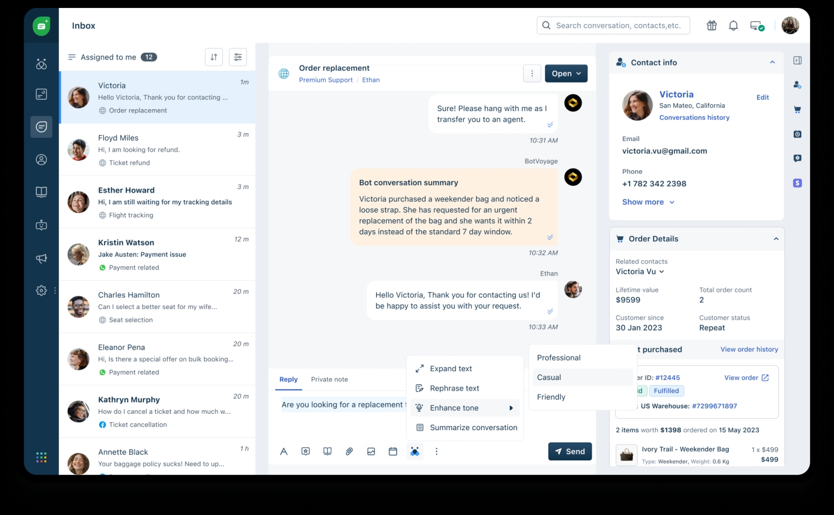Freddy AI ticket assistance with conversation summaries and agent tools
