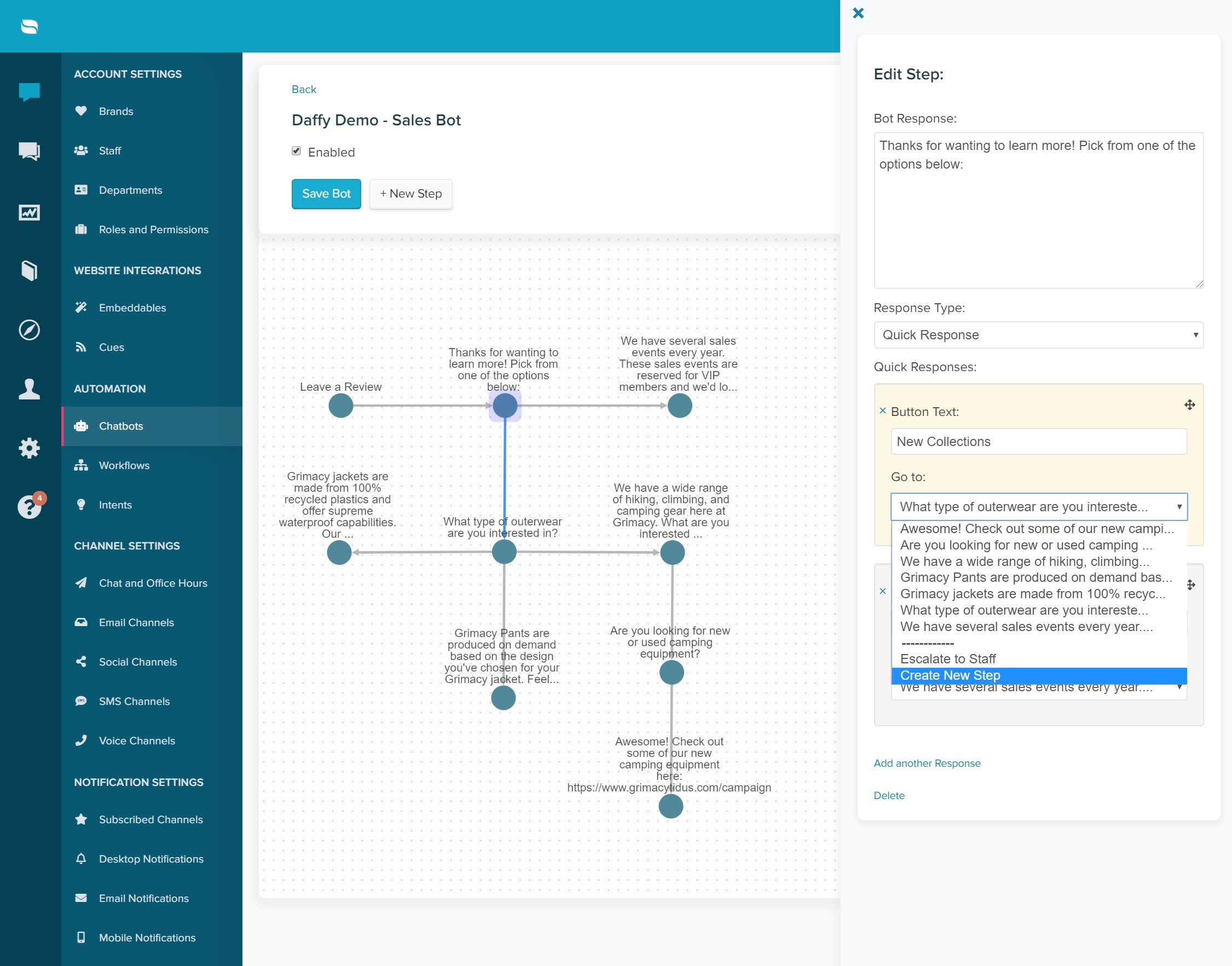 Chatbot configuration interface with quick response button setup