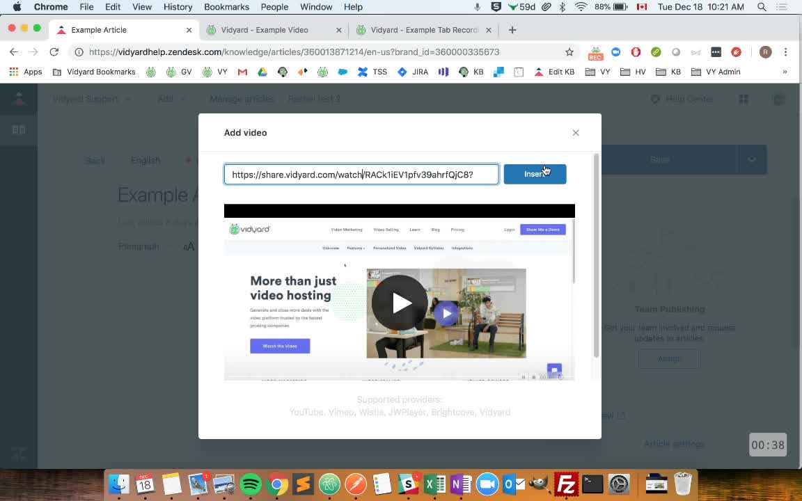 Vidyards Video-Einbettungsdialog mit dem URL-Eingabefeld und einer Live-Vorschau der Landingpage des Videos.