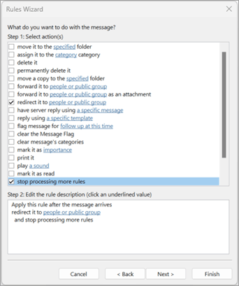 Outlook Rules Wizard for configuring automatic message forwarding