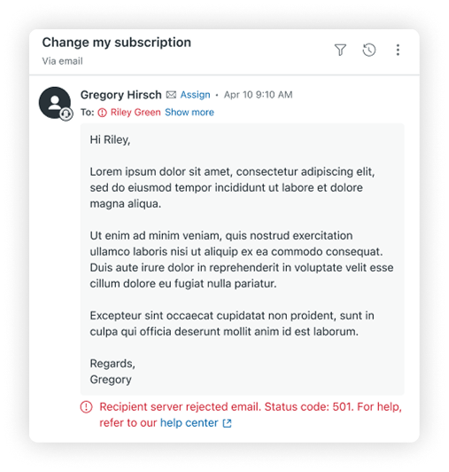Zendesk Agent Workspace displaying an email ticket with a 'Recipient server rejected email' delivery status warning.