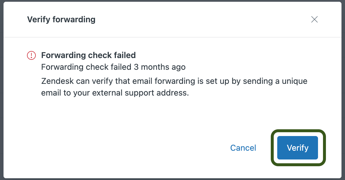 Zendesk verification modal showing forwarding check status and re-verify option