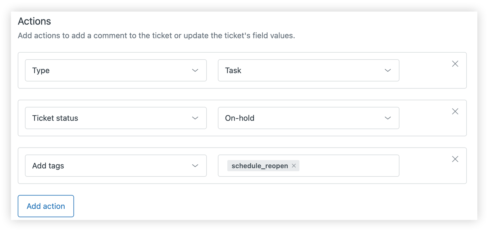 スケジュールされたチケット再オープンのためのZendeskマクロ構成パネル