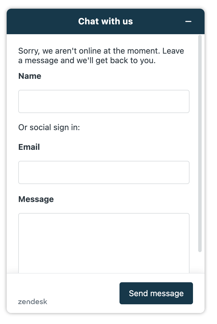 Zendesk Chat Widget Offline-Formular mit Feldern für Name, E-Mail und Nachricht