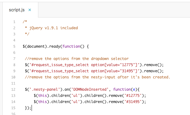 Help Center-Theme-Editor, der den Speicherort der Datei script.js anzeigt