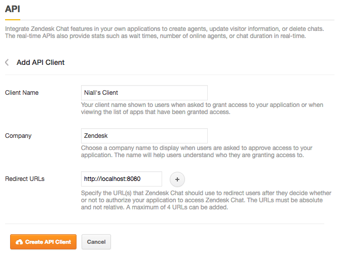 Zendesk Chatの機能を外部アプリケーションと統合するためのZendeskのAPIクライアント設定ページ。