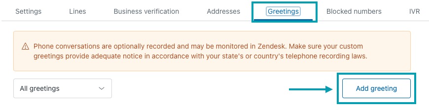 Admin Center navigation for Talk greetings and voicemail settings