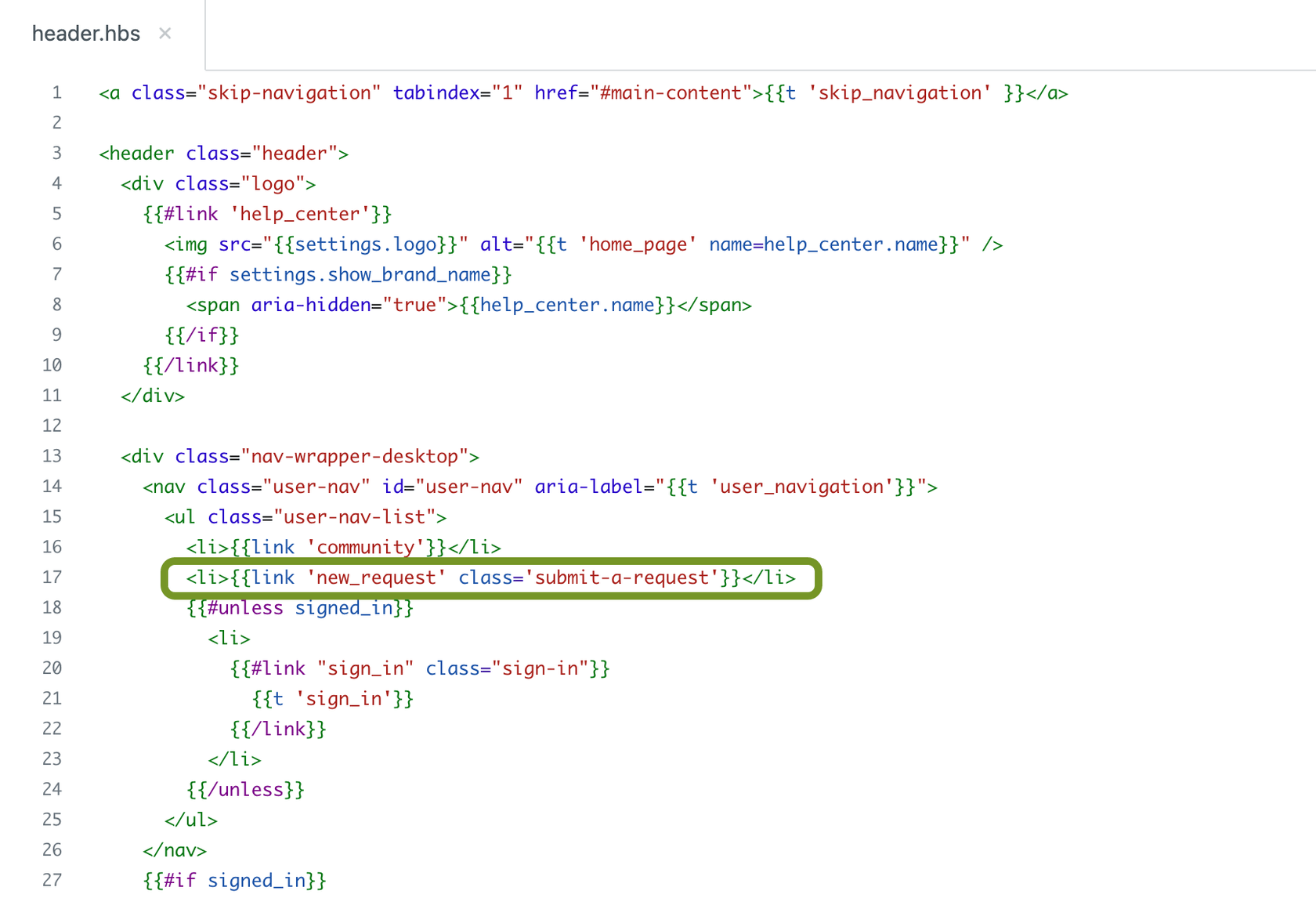 Die header.hbs-Vorlage in einem Code-Editor, die den submit-a-request-Link als Anfrage-Callout-Block zum Entfernen hervorhebt.