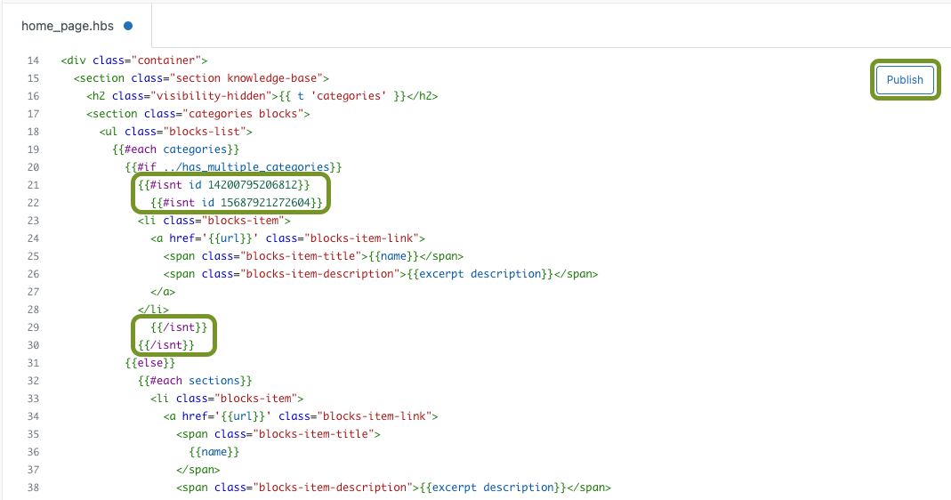 Editor de código que muestra la implementación del helper {{#isnt}} en una plantilla home_page.hbs.