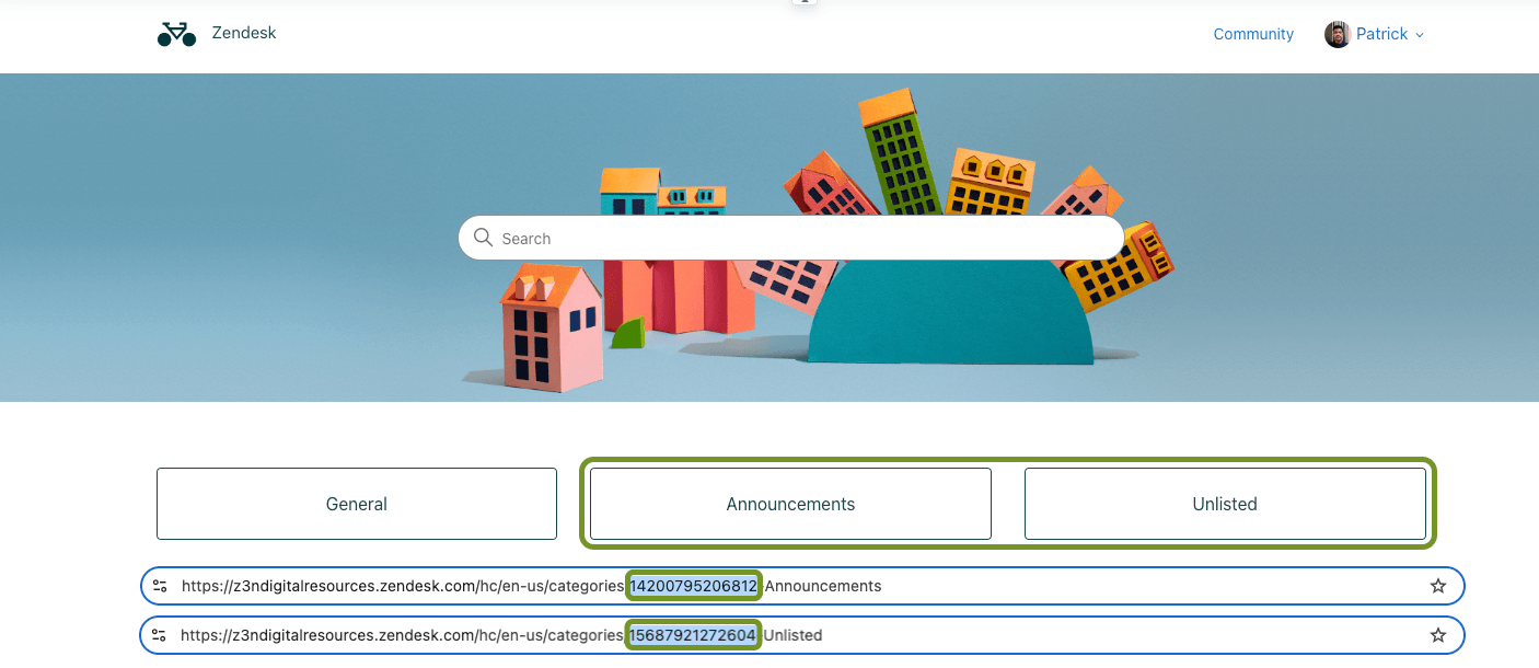 Página del centro de ayuda de Zendesk que muestra las URL de las categorías con los números de ID resaltados.
