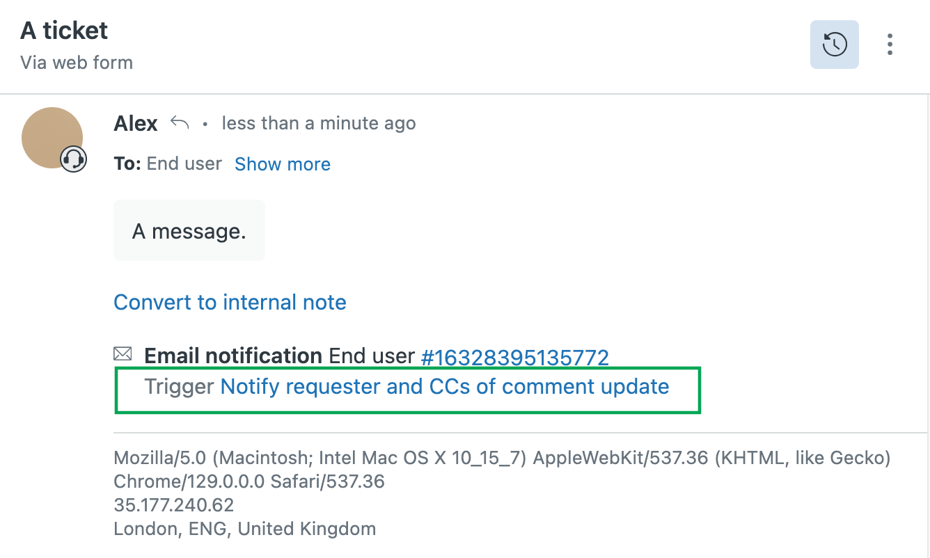 コメントの更新をリクエスターに通知するためのトリガーアクションを示すZendeskチケットイベントログ