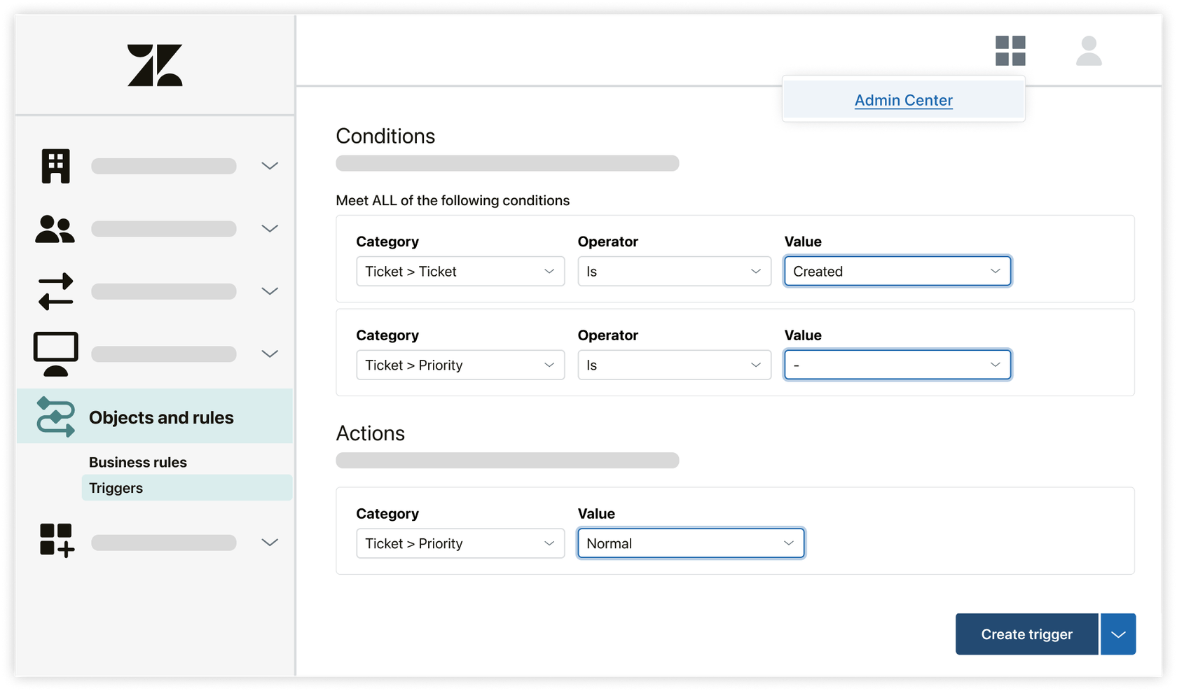 Zendesk-Trigger-Konfigurationsoberfläche mit Bedingungen und Aktionen
