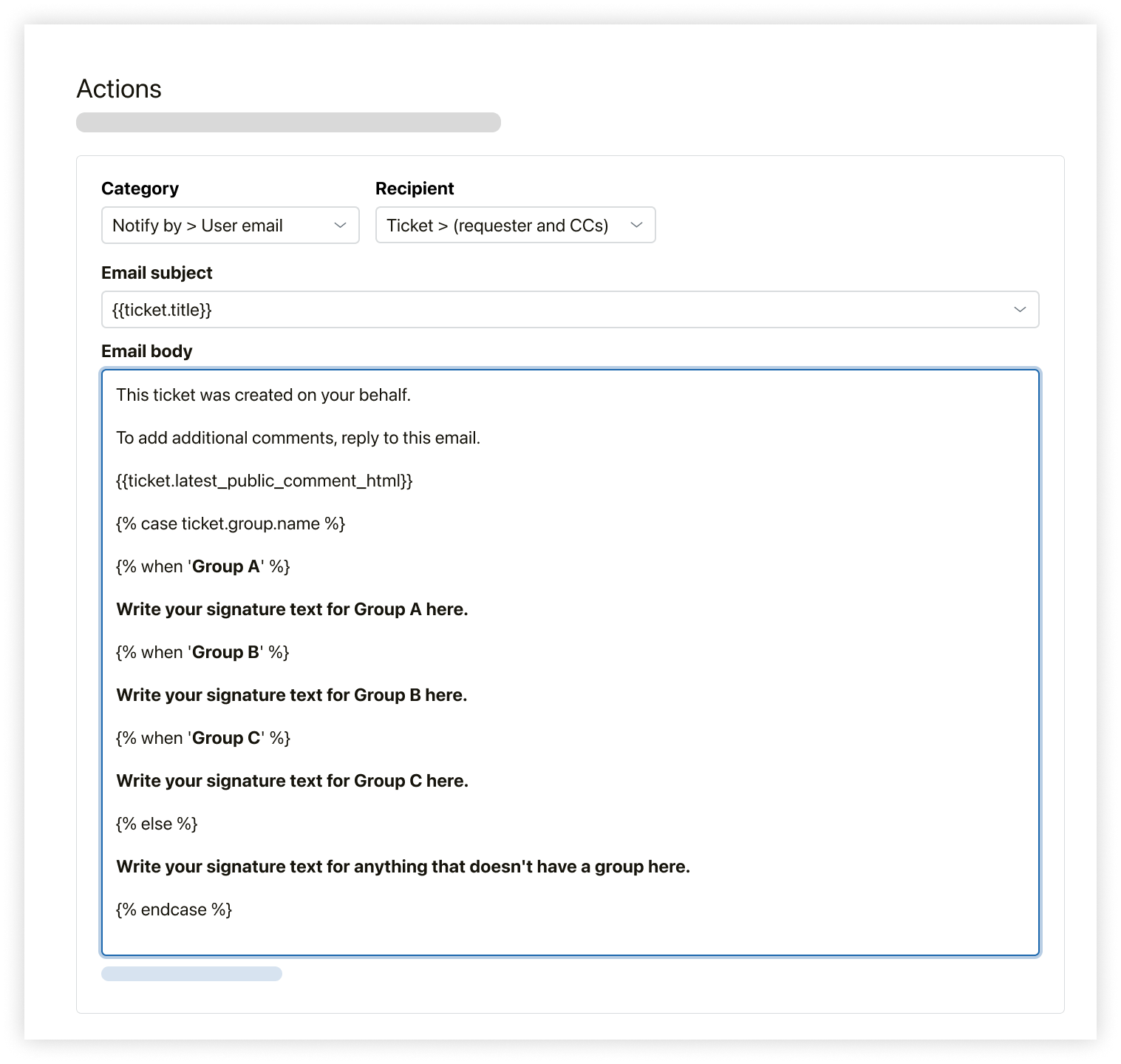 Configuração de ação de e-mail com opções de assinatura condicional