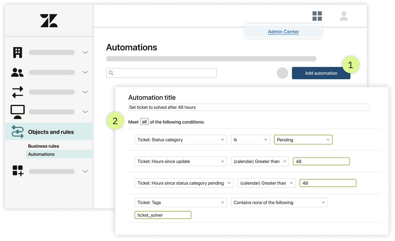 Zendesk automation showing status change to solved configuration