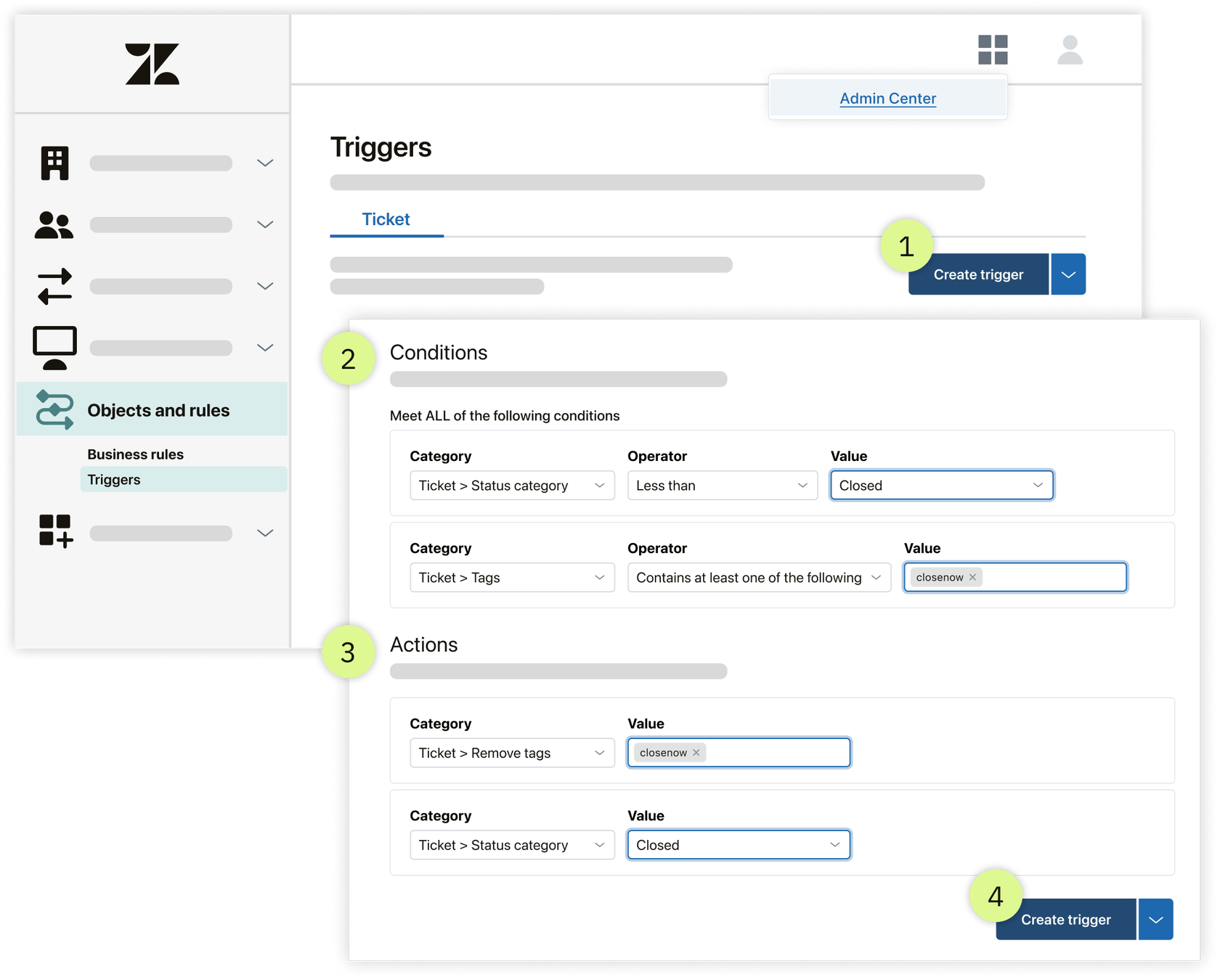 チケットステータスとタグに基づく条件、および自動化されたワークフローのためにタグを削除し、チケットステータスを設定するアクションを示すトリガー構成インターフェイス。