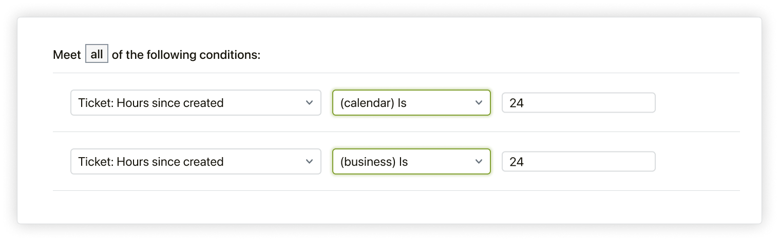 Zendesk Condition Builder, der den Unterschied zwischen Kalender- und Geschäftszeiten zeigt