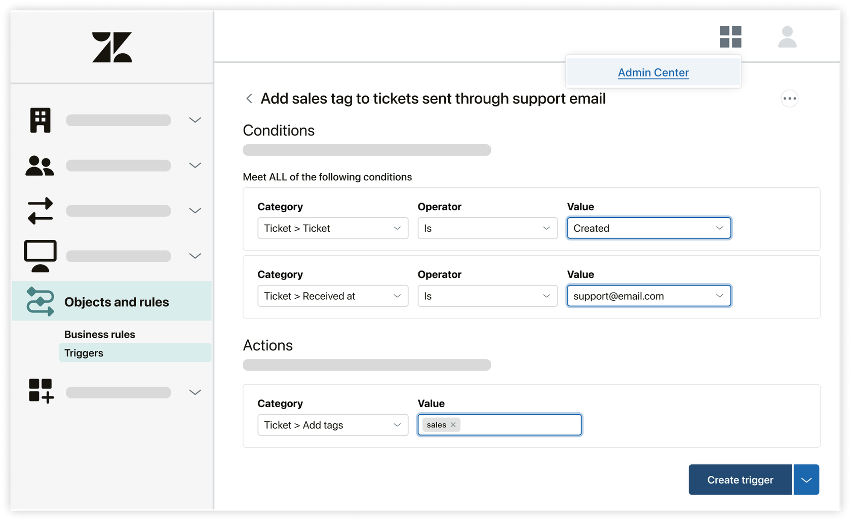 Zendesk trigger configuration screen showing conditions and actions for email-based automation