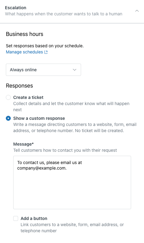 An AI agent escalation settings panel showing options for handling customer requests to talk to a human, including business hours and custom responses