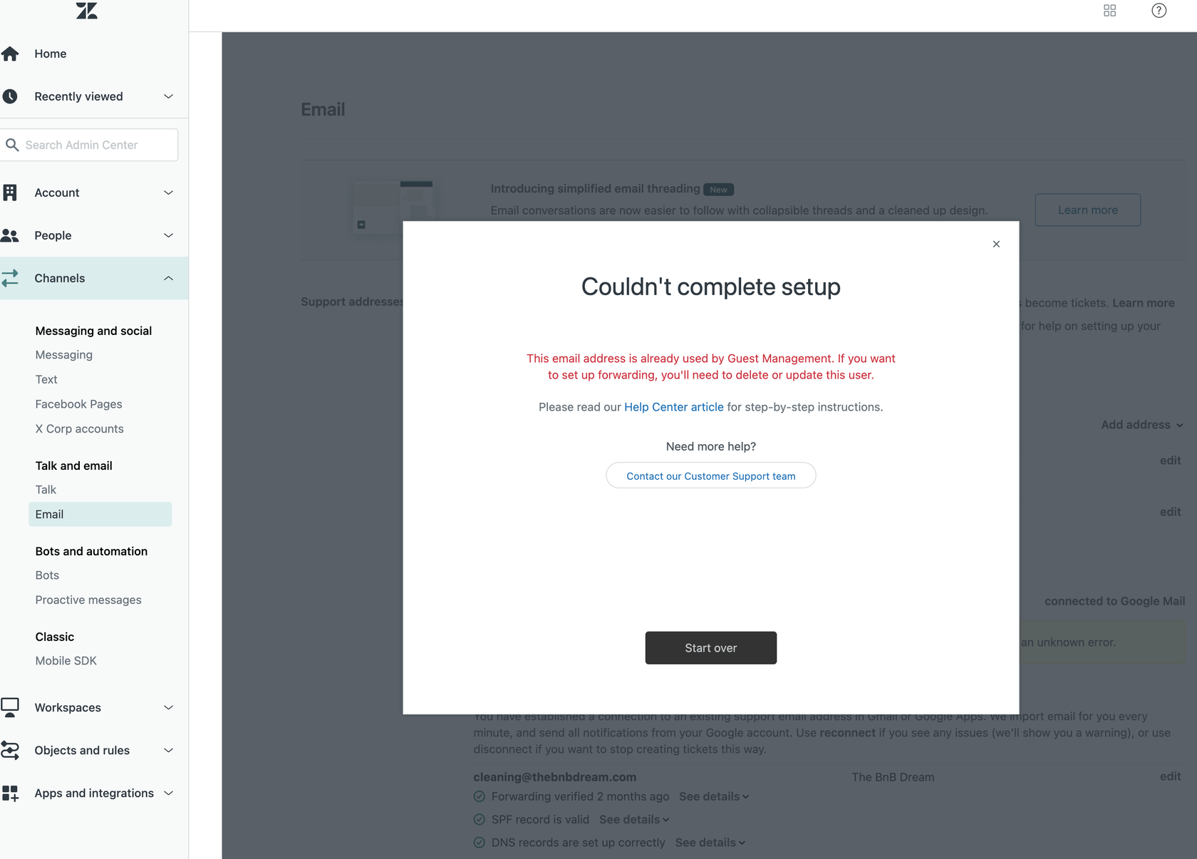 Intercom's email channel configuration panel displaying support addresses and their setup status, with an error message during a new email setup attempt.