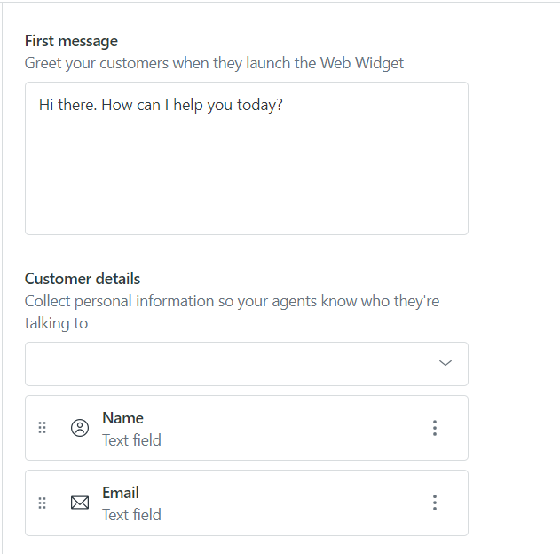 Interface de configuração do Web Widget mostrando a mensagem de saudação inicial e os campos de detalhes do cliente para configuração de metadados.