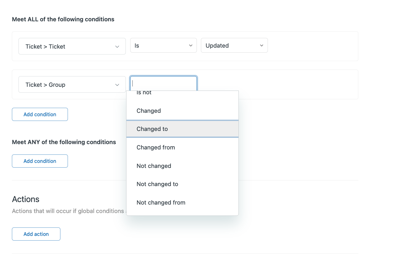 Générateur de règles de déclenchement Zendesk avec les sections de conditions TOUTES et L'UNE D'ELLES