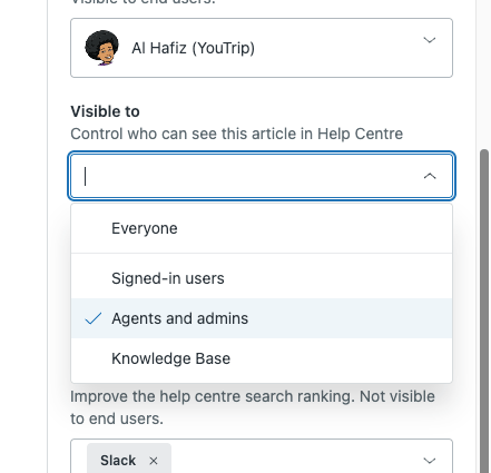 A help center platform's article settings panel displaying visibility options for controlling access to content, including choices for 'Everyone', 'Signed-in users', and 'Agents and admins'.