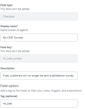 Zendesk Admin Center-Schnittstelle zum Konfigurieren eines benutzerdefinierten Felds mit Feldtyp- und Anzeigenamenoptionen