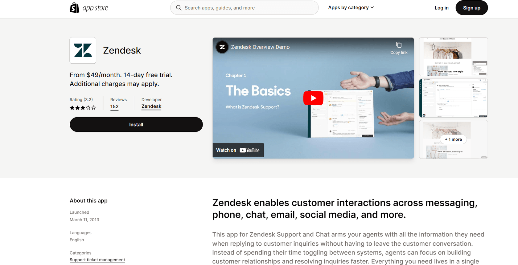Page de l'App Store Shopify pour Zendesk montrant le bouton Installer et les détails de tarification
