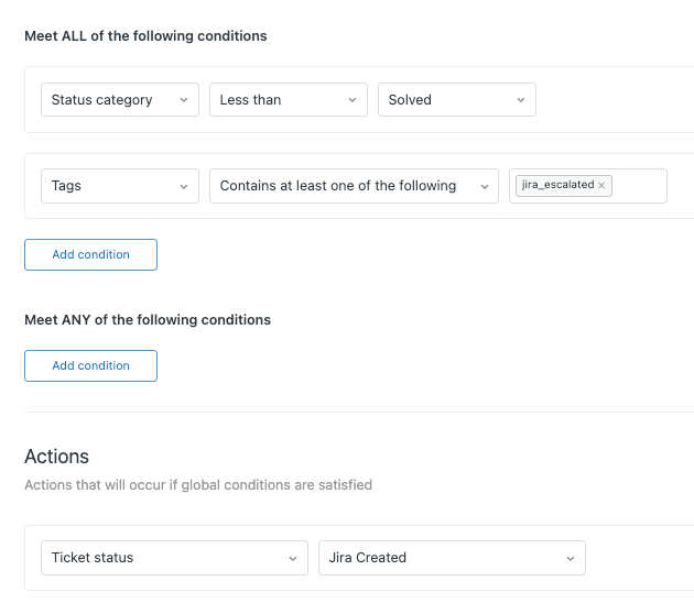 Générateur de règles d'automatisation Zendesk avec conditions de statut et de balise