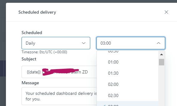 Interface de agendamento do painel do Zendesk para configurar horários de entrega diários