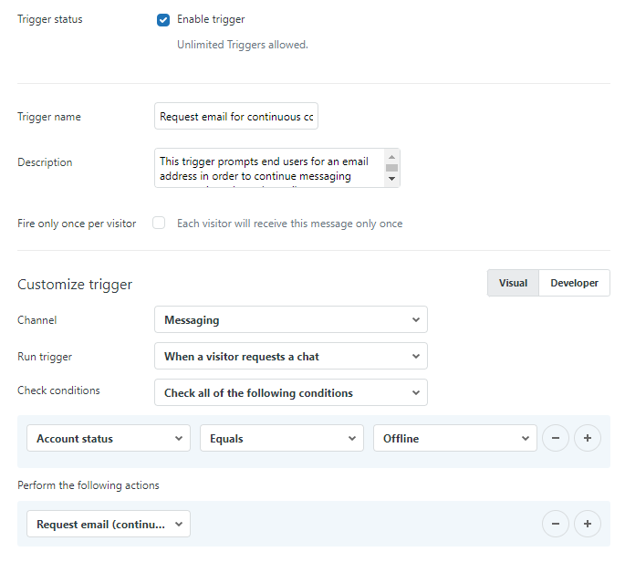 Chat-Trigger-Einstellungsfenster für Chat-Anfragen von Besuchern