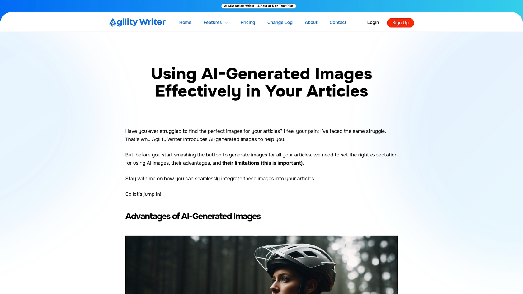 A screenshot of the Agility Writer AI images page, an AI article writer with images.