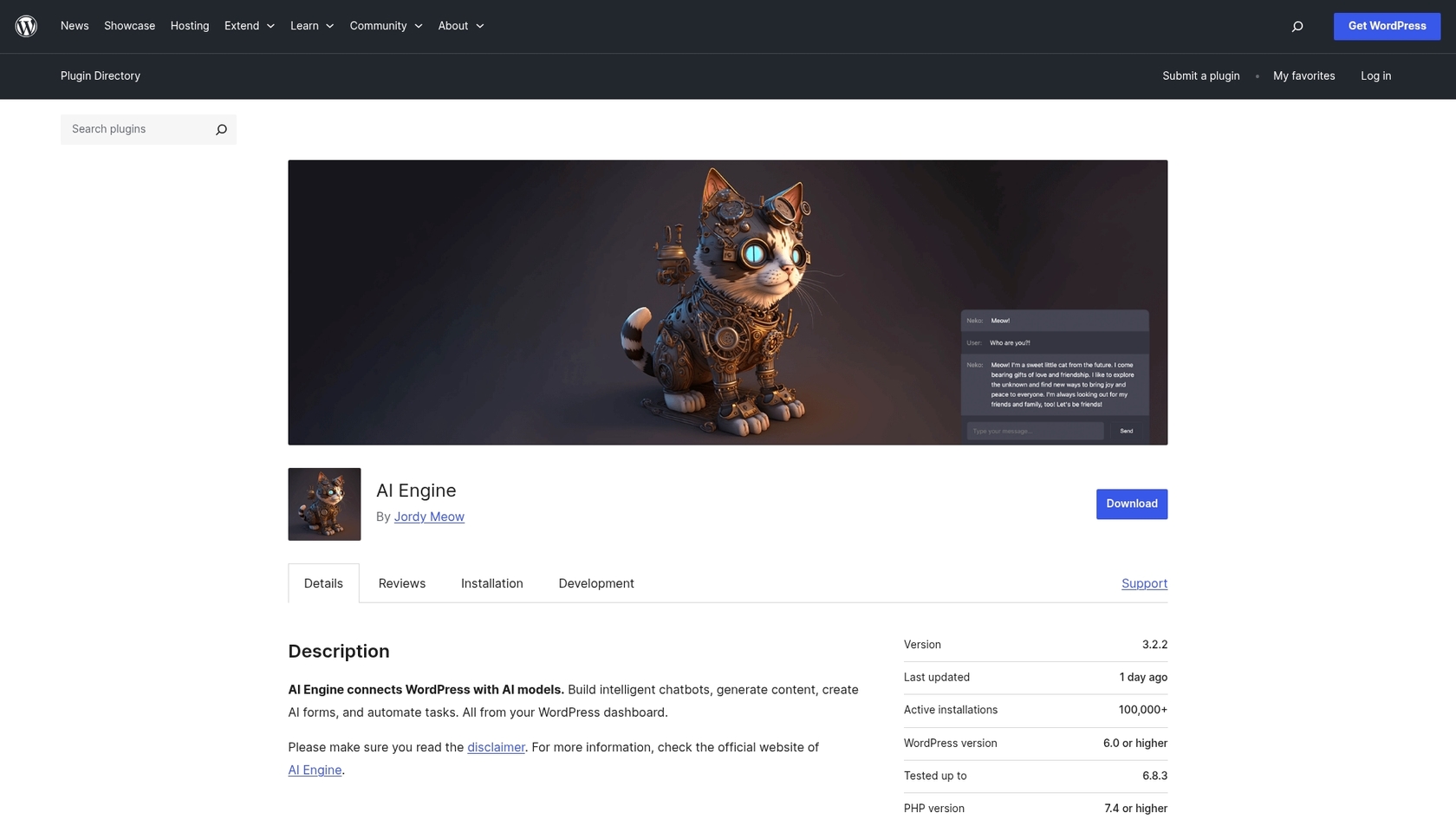 A screenshot of the AI Engine landing page, one of the best WordPress AI content writers.::