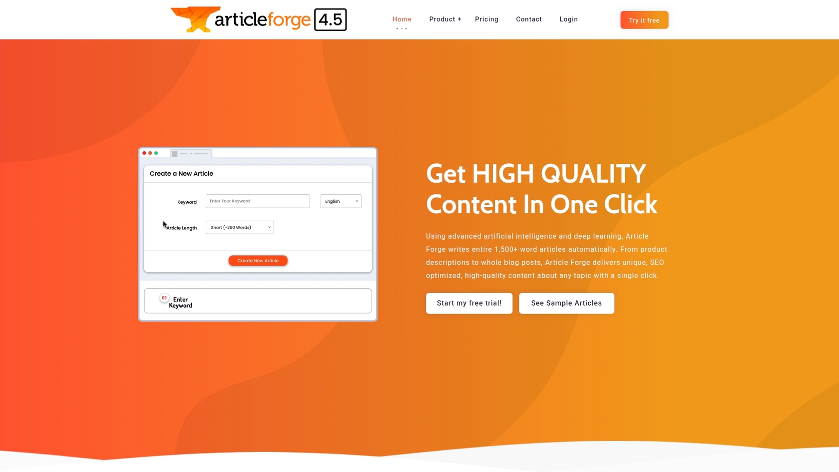 A screenshot of the Article Forge landing page, an AI article writer with images.