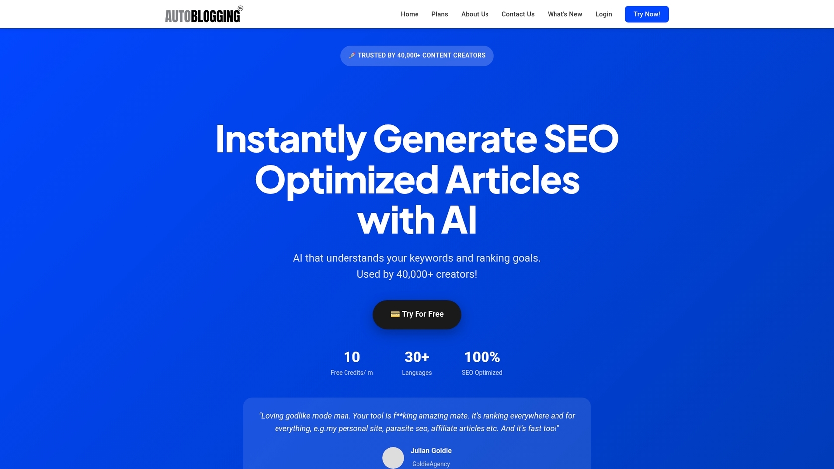 AI自動ブログツール、Autoblogging.aiのランディングページのスクリーンショット。::