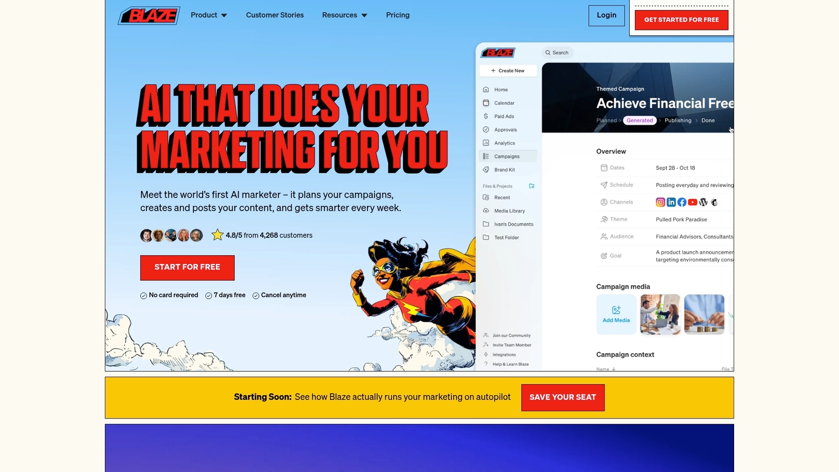 Una captura de pantalla de la página de inicio de Blaze.ai, una de las mejores herramientas de marketing con IA.