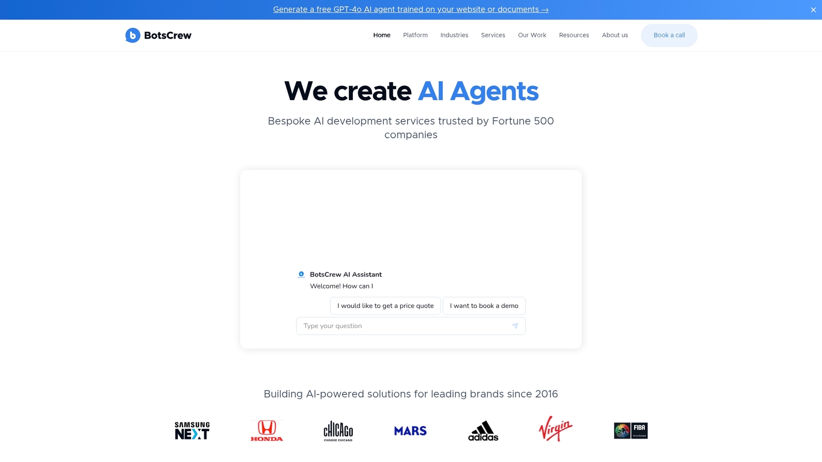Une capture d'écran de la page d'accueil de BotsCrew, un exemple de chatbot IA Salesforce personnalisé.