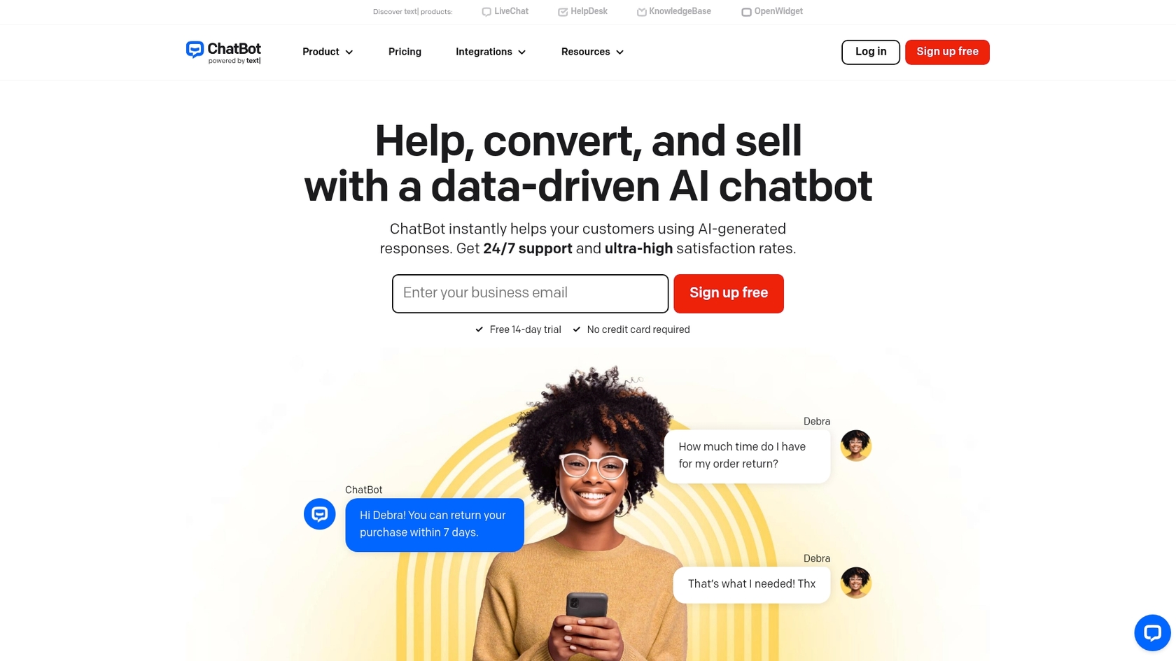 Capture d'écran de la page d'accueil de ChatBot.com, un outil pour construire des agents IA personnalisés pour Jira.