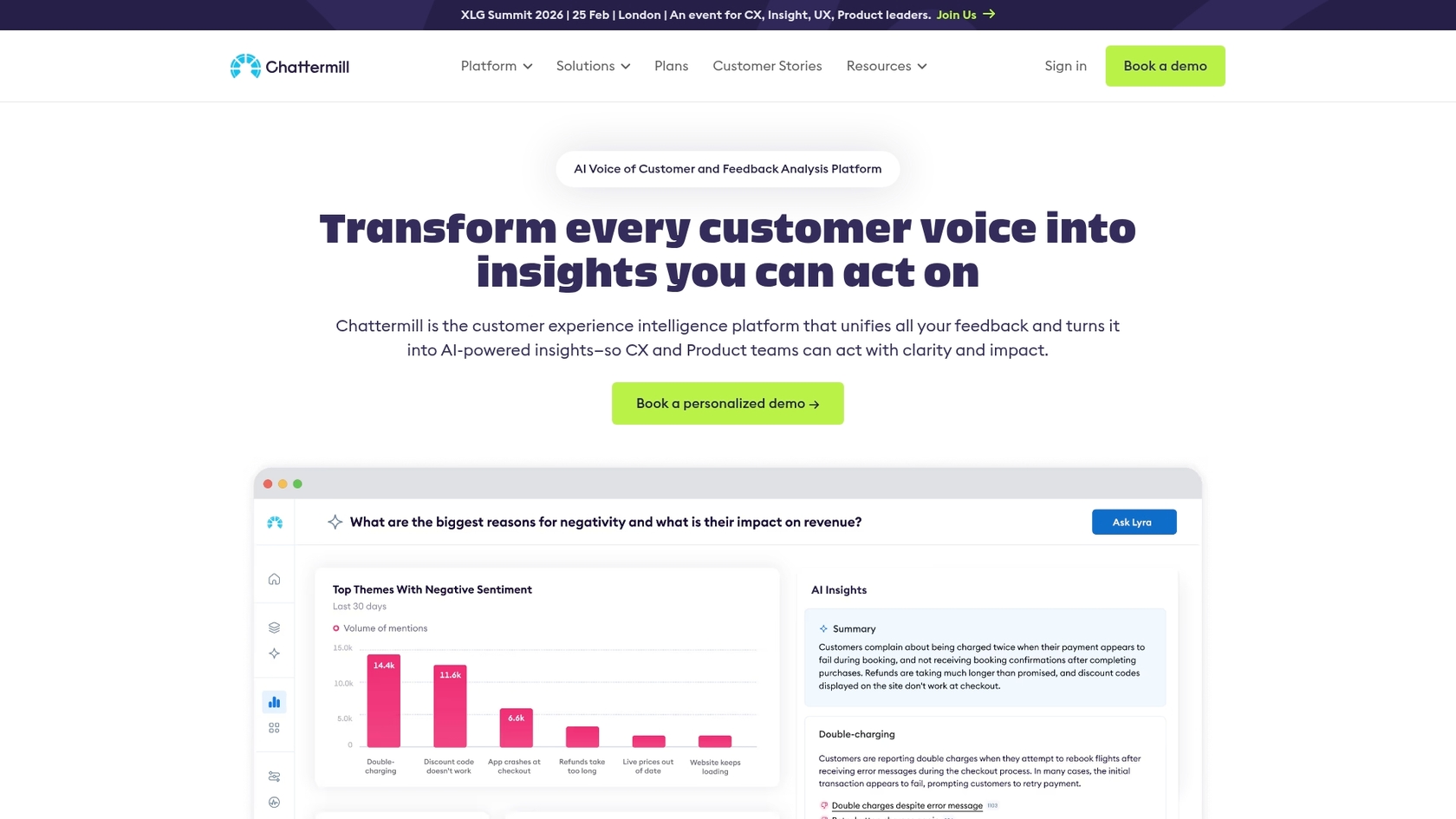 A screenshot of the Chattermill landing page, one of the AI tools integration with Gorgias.::