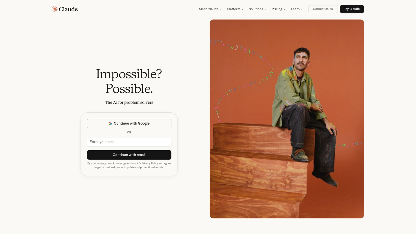 A screenshot of the Claude AI landing page, known for its conversational writing style.
