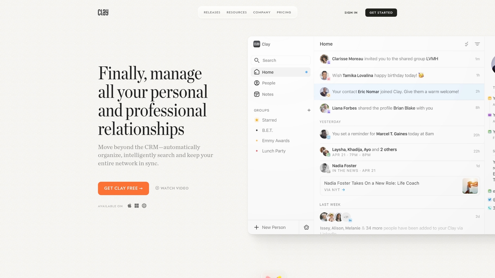 Uma captura de ecrã da página inicial do Clay, uma das melhores ferramentas de IA que se integram com o HubSpot.