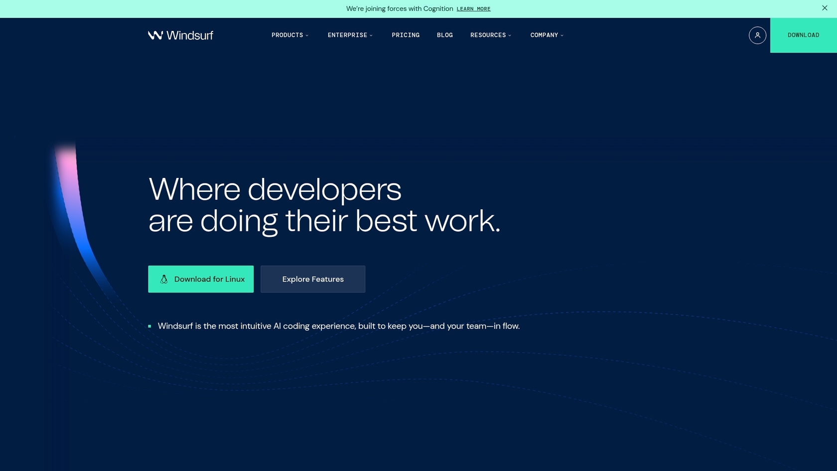 Uma captura de ecrã da página inicial do WindSurf (anteriormente Codeium), uma escolha rápida para a melhor IA para programação em Salesforce.::