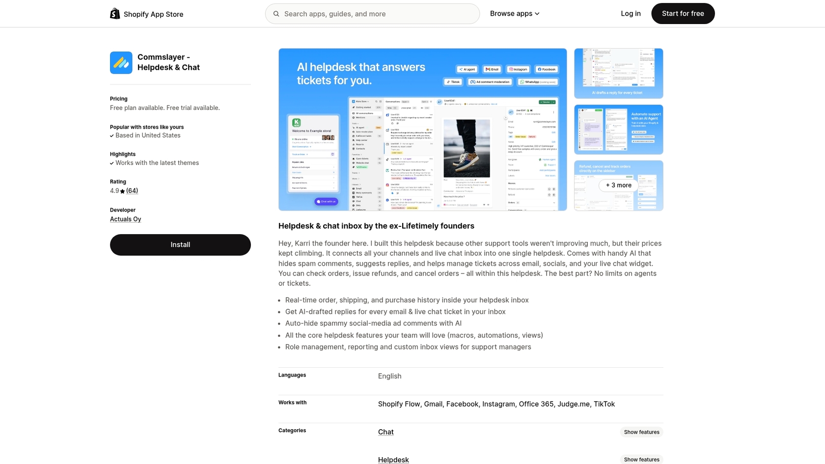 A screenshot of the Commslayer Shopify app page, relevant for this Commslayer review.::