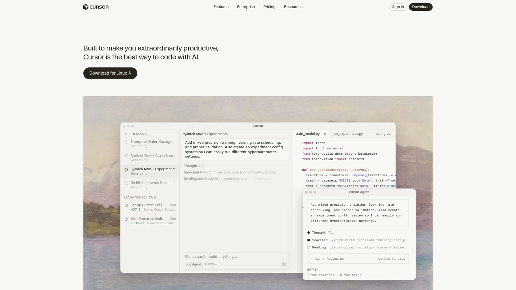 A screenshot of the Cursor landing page, an AI-first code editor and one of the top AI tools every Salesforce developer should know.::