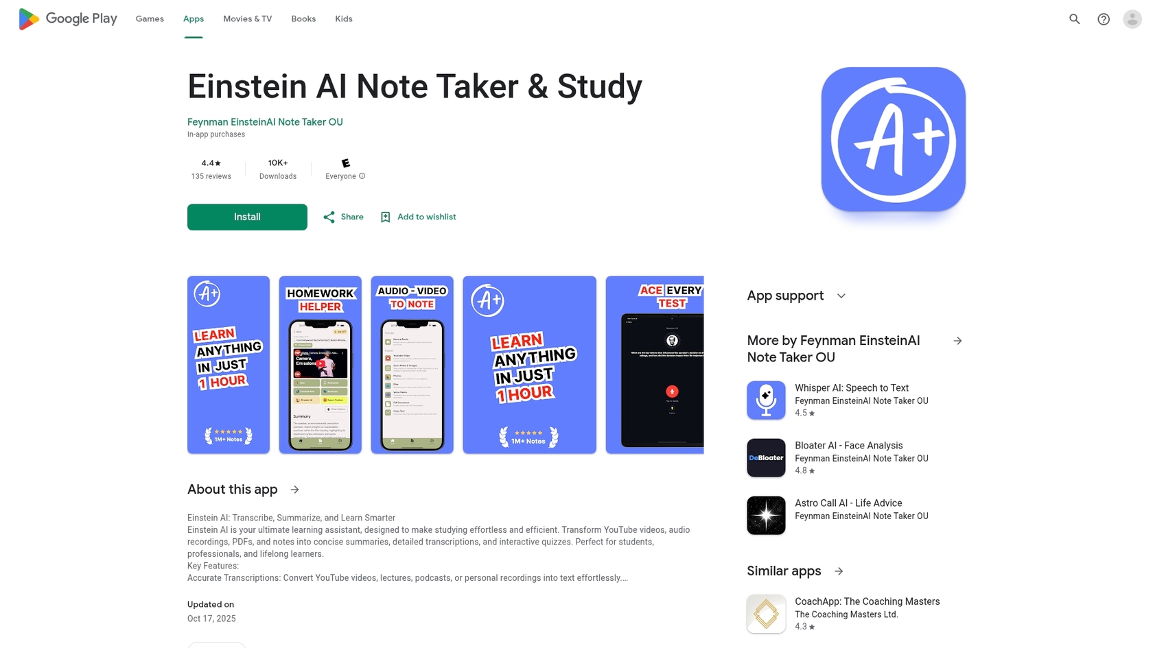 A screenshot of the Einstein AI study app on the Google Play Store, part of our Einstein AI study.::