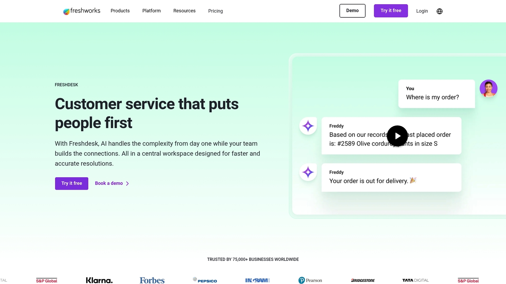 A screenshot of the Freshdesk landing page, one of the popular help desk platforms that HubSpot AI Breeze doesn't integrate with.