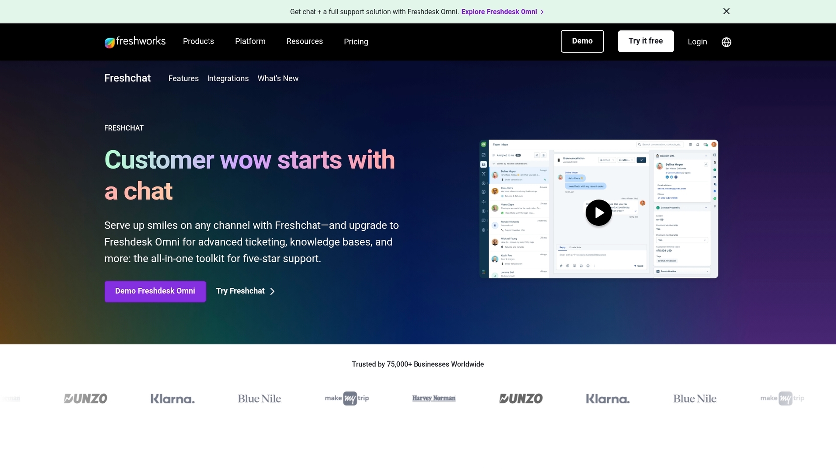A screenshot of the Freshworks Freshchat landing page, an all-in-one suite for Salesforce AI for employee experience.